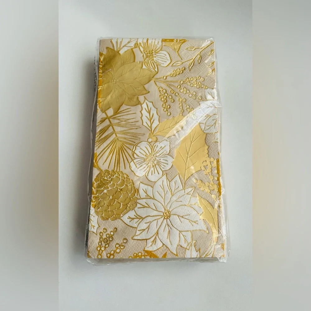New Punch Studio Guest Towels Napkins Gold Foil White Flowers Leaves 8